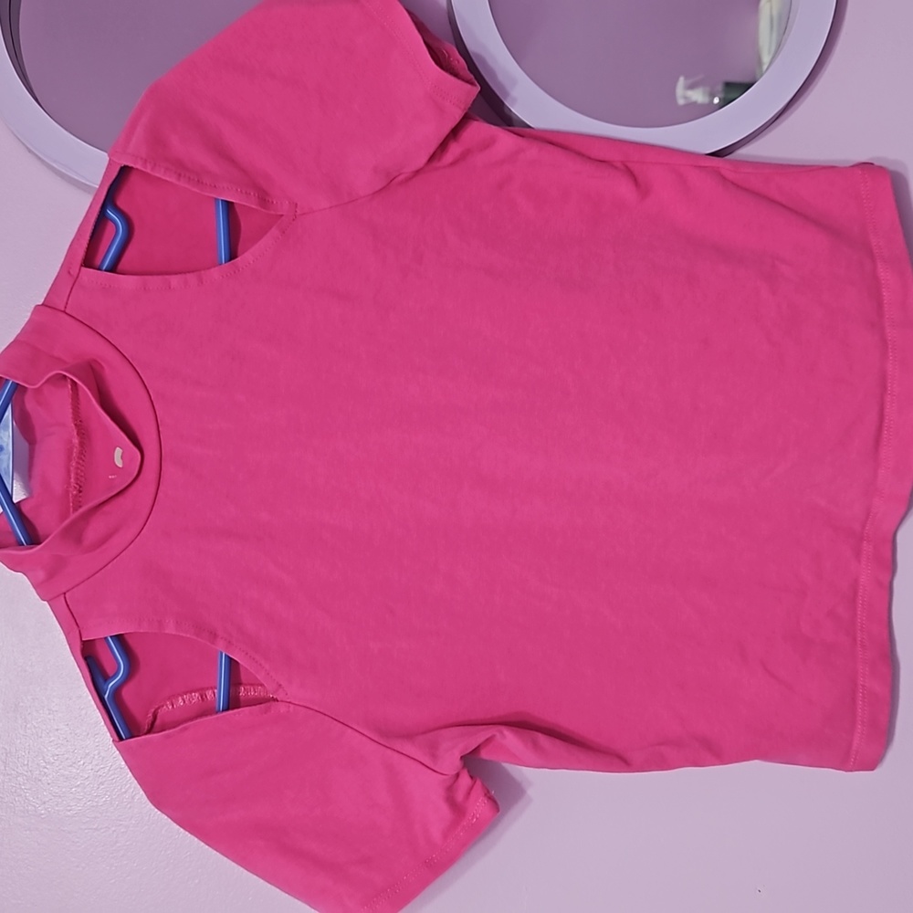 SO Pink Top with shoulder Cut-outs, and High Collar